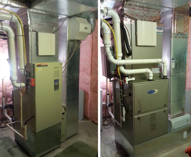 Before and after installation of Carrier 96 Efficient Gas Furnace