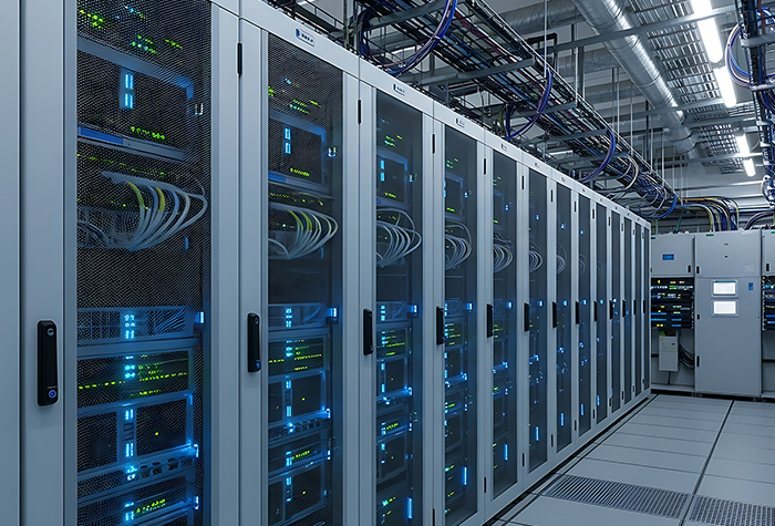 Data center servers humming in a climate controlled room